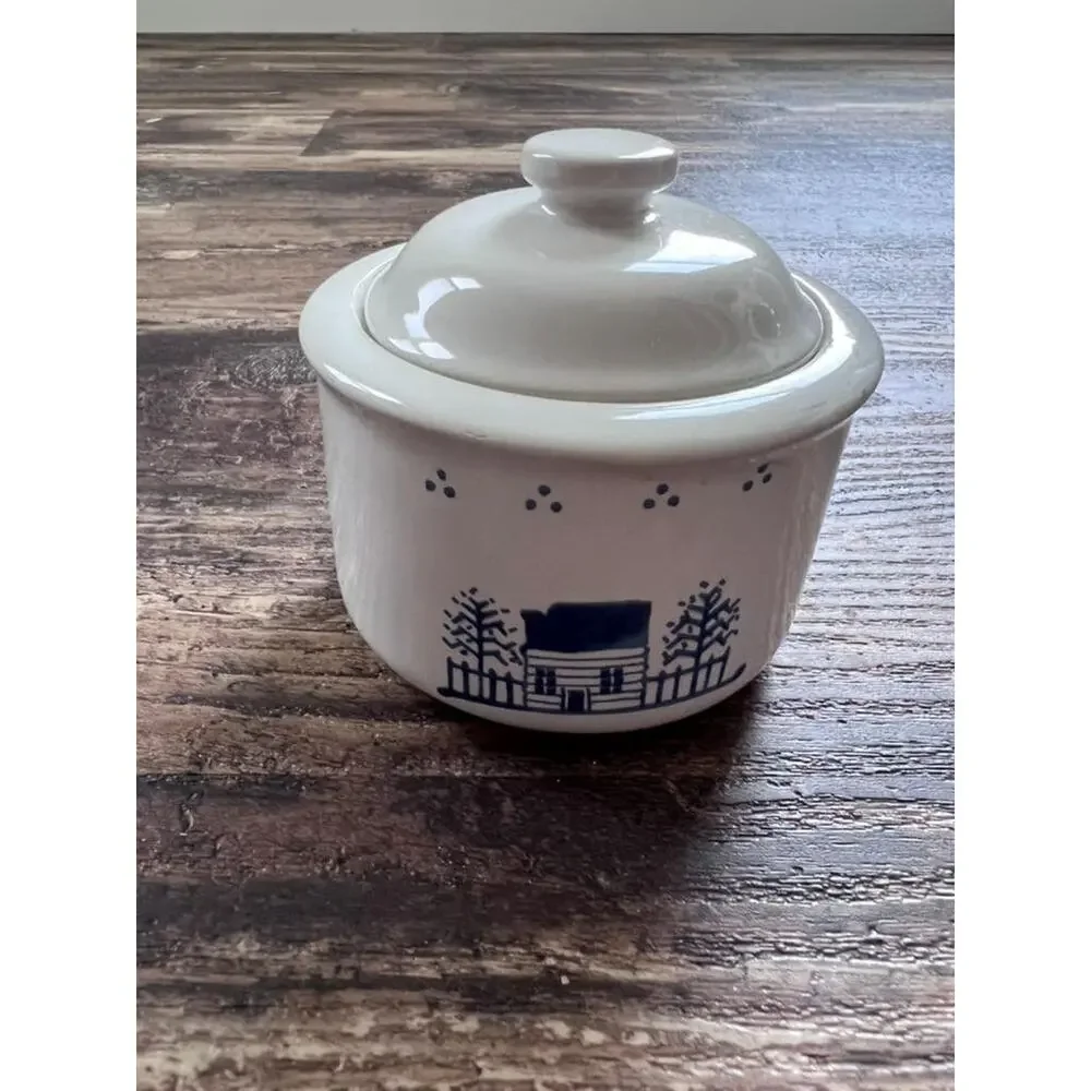 Vintage Lillian Vernon Covered Stoneware Jar, Blue White Cottage Canister